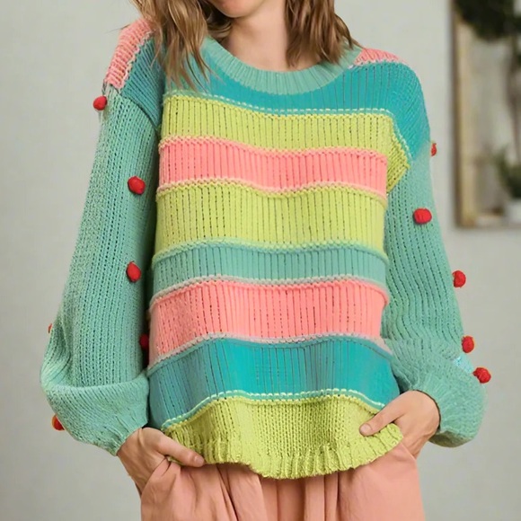 Umgee multi color pastel chunky knit sweater with sleeve pop detailing size M - Picture 2 of 12